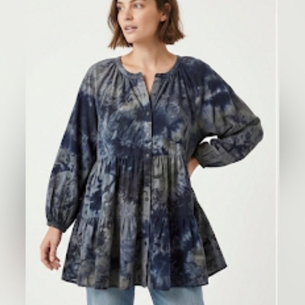 Cabi 5714 Tie Dye Tiered Tunic Top Blue Green Linen Blend Womens Medium